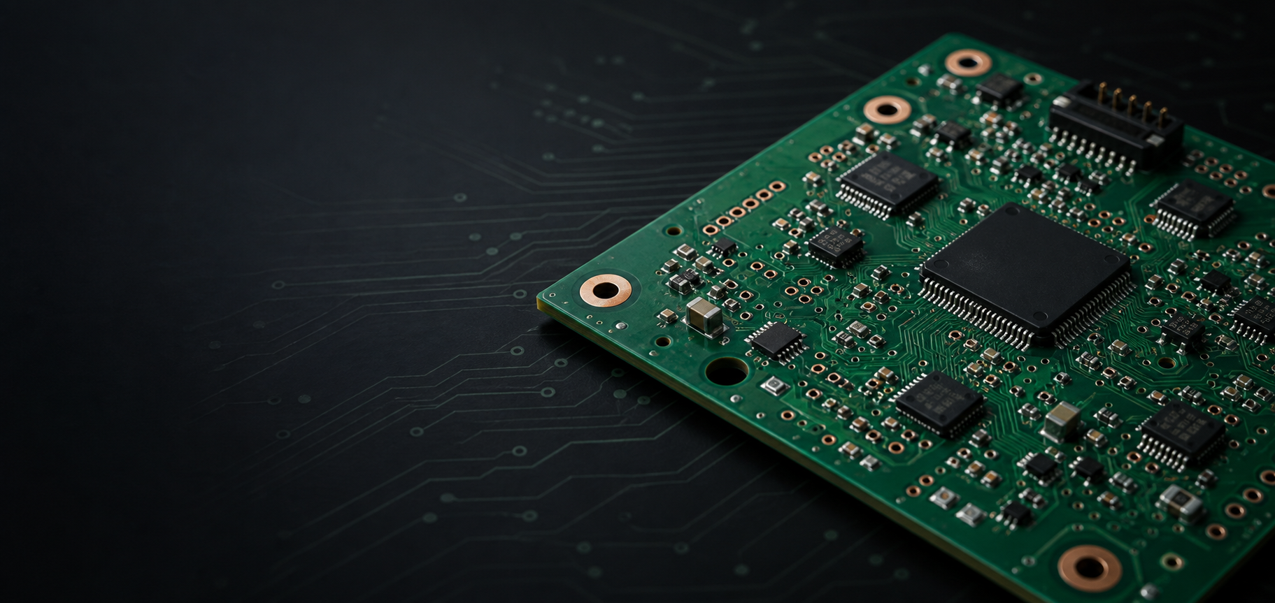 Detailed green printed circuit board on a dark electronics workbench